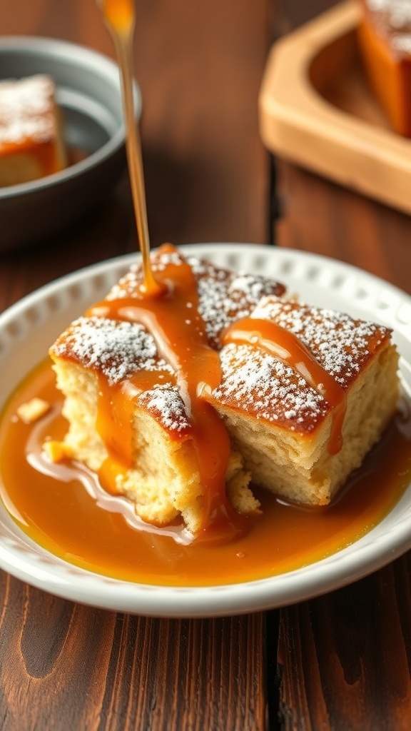 A warm bowl of bread pudding topped with powdered sugar and caramel sauce on a rustic table.